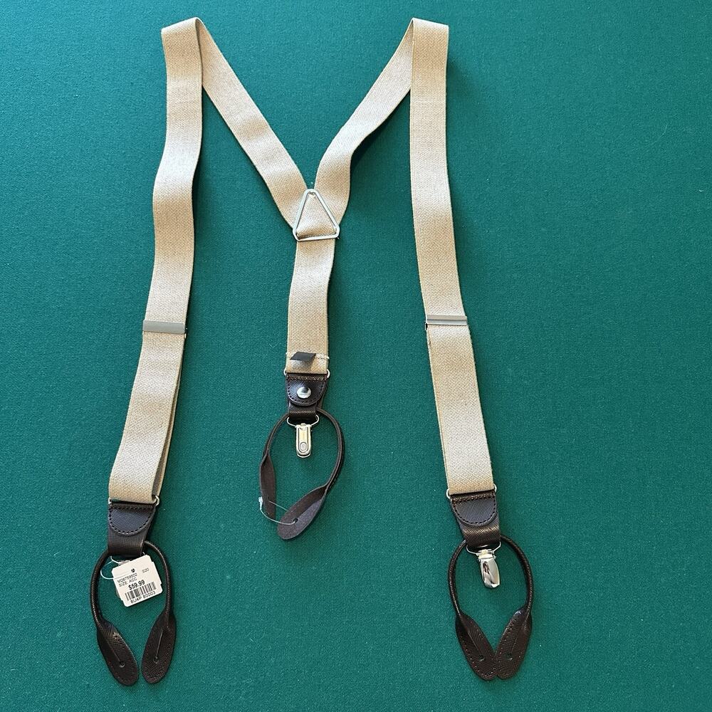 Men’s Wearhouse Beige Suspenders Leather Button Ends Canada Made Clip-On
